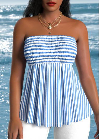 ROTITA Smocked Striped Blue Bandeau Sleeveless Tank Top