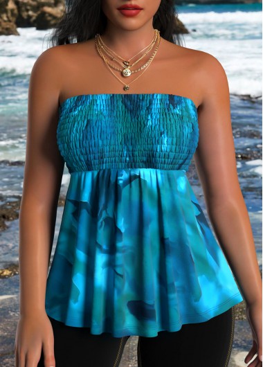 ROTITA Smocked Floral Print Peacock Blue Bandeau Sleeveless Tank Top