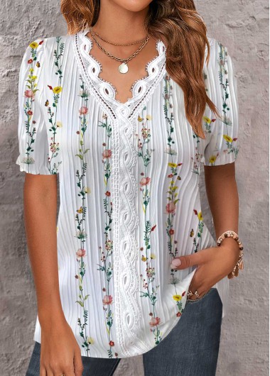 ROTITA Embroidery Floral Print White V Neck Short Sleeve Shirt