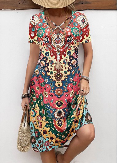 ROTITA Breathable Tribal Print Rainbow Color A Line Dress