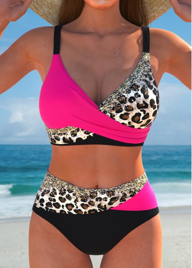 ROTITA Surplice Hot Pink Leopard Bikini Set