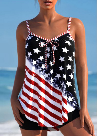 ROTITA American Flag Black Bowknot Tankini Top