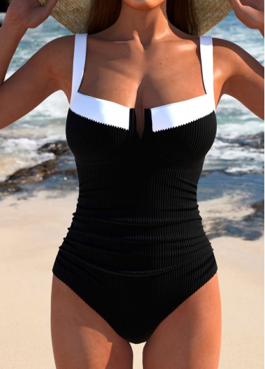 ROTITA Bowknot Cut Out Black One Piece Swimwear