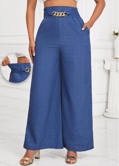 Pocket Elastic Waist High Waisted Denim Blue Pants