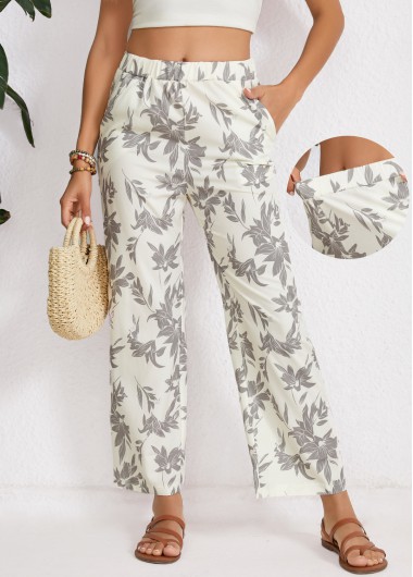 Leaf Print Beige Elastic Waist High Waisted Pants