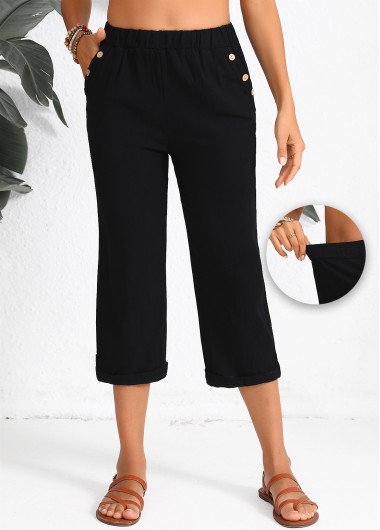 Pocket Black Elastic Waist High Waisted Pants