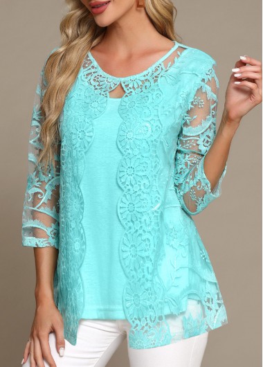 ROTITA Embroidery Cyan Round Neck Long Sleeve Shirt