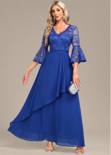 ROTITA Lace Blue V Neck 3/4 Sleeve Maxi Dress