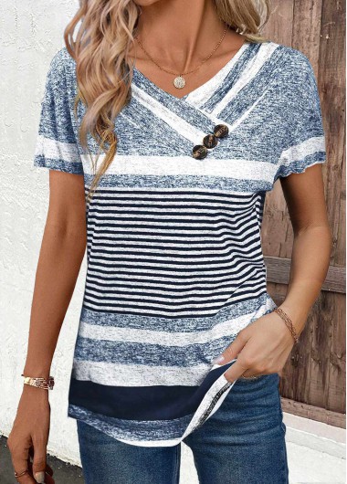 ROTITA Button Striped Navy V Neck Short Sleeve T Shirt