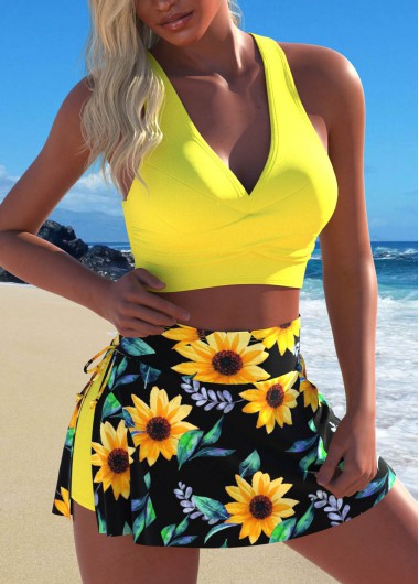 ROTITA Criss Cross Yellow Sunflower Print Bikini Set