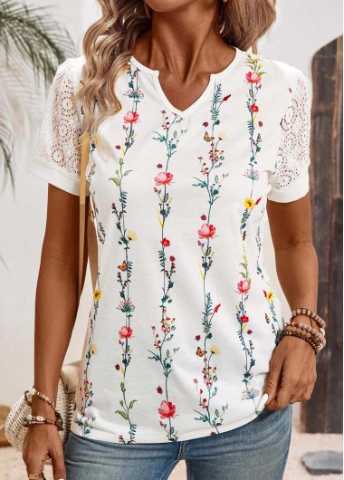 Patchwork Floral Print White Split Neck T Shirt