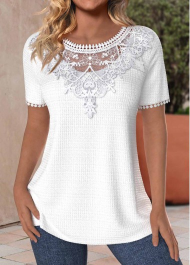 ROTITA Patchwork White Round Neck Short Sleeve T Shirt