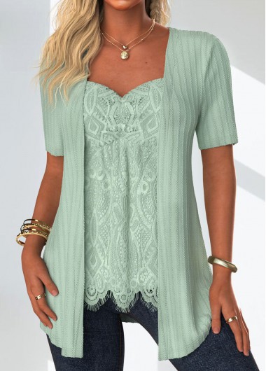 ROTITA Lace Sage Green Heart Collar Fake Two Piece Twinset