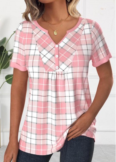 ROTITA Patchwork Plaid Light Pink Split Neck T Shirt