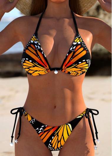 ROTITA Tie Orange Butterfly Print Bikini Set