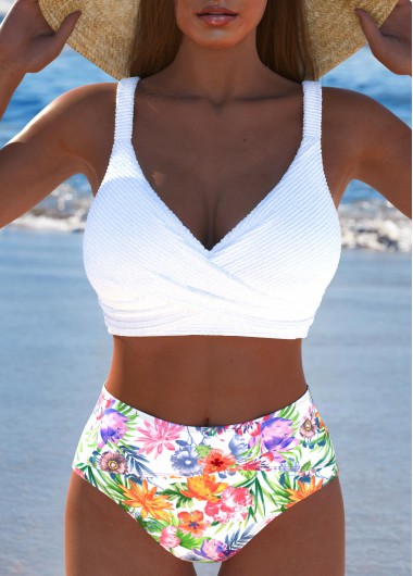 ROTITA Criss Cross White Floral Print Bikini Set