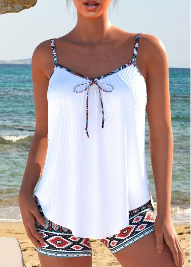 ROTITA Bowknot White Tribal Print Tankini Set