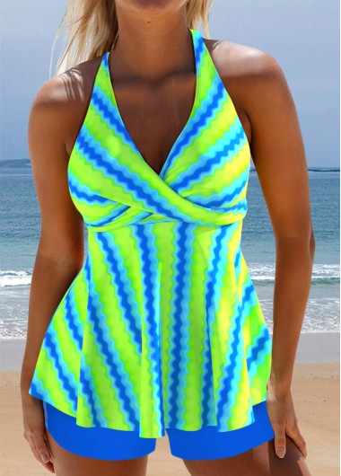 ROTITA Surplice Neon Green Wave Pattern Print Tankini Set