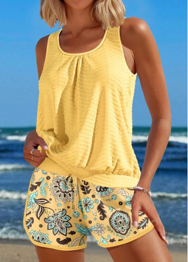 ROTITA Drawstring Light Yellow Floral Print Tankini Set