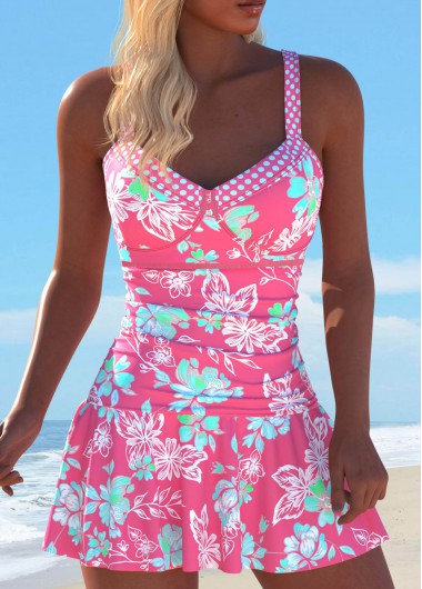ROTITA Pink Floral Print One Piece Swimdress