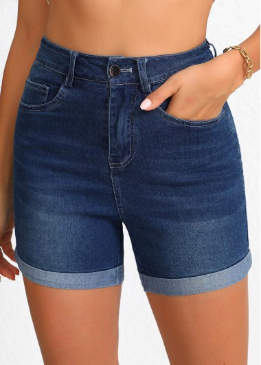 Pocket Regular Button Fly High Waisted Denim Blue Shorts