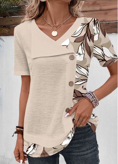 ROTITA Patchwork Floral Print V Neck T Shirt