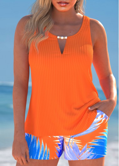 ROTITA Cut Out Orange Tropical Plants Print Tankini Set