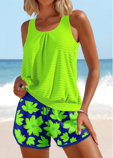 ROTITA Patchwork Neon Green Floral Print Tankini Set