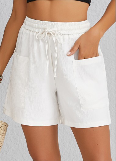Pocket White Elastic Waist High Waisted Shorts