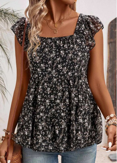 Ruched Ditsy Floral Print Black Square Neck Shirt