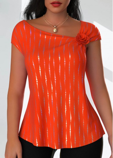 ROTITA Hot Stamping Orange Asymmetrical Neck Short Sleeve T Shirt