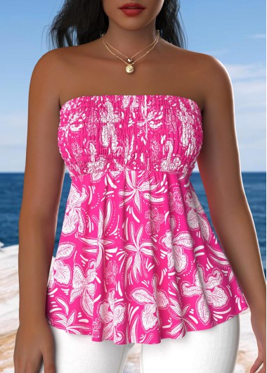 ROTITA Smocked Floral Print Hot Pink Bandeau Sleeveless Tank Top