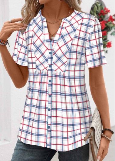 ROTITA Patchwork Plaid Blue Split Neck Short Sleeve Shirt