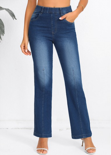 Denim Blue Elastic Waist High Waisted Jeans