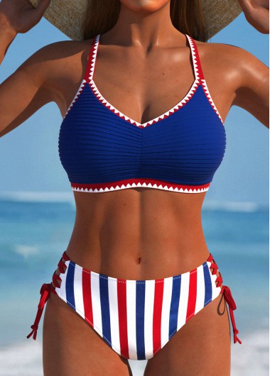 ROTITA Lace Up Navy Striped Bikini Set