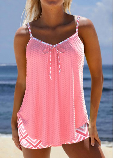 ROTITA Contrast Binding Pink Geometric Print Tankini Set