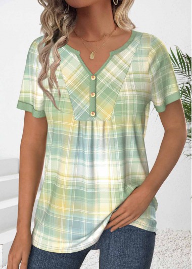 ROTITA Ruched Plaid Light Green Split Neck T Shirt