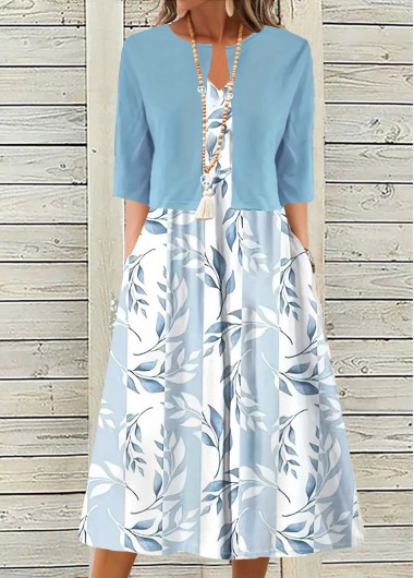 ROTITA Two Piece Leaf Print Light Blue Dress and Cardigan