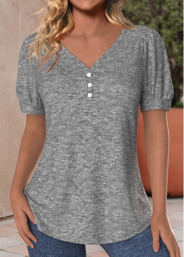 ROTITA Button Light Grey Marl V Neck T Shirt