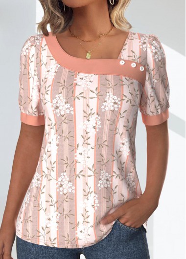 ROTITA Patchwork Floral Print Light Pink Asymmetrical Neck T Shirt