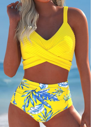 ROTITA Surplice Yellow Tropical Plants Print Bikini Set