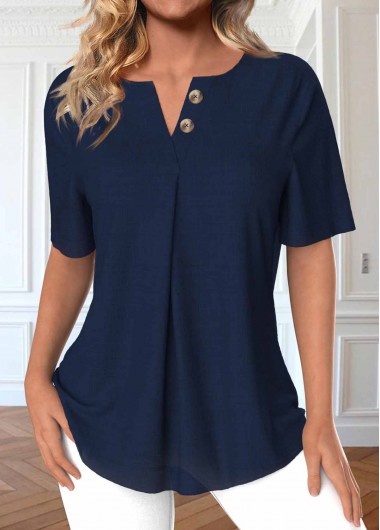 ROTITA Button Navy Split Neck Short Sleeve Blouse