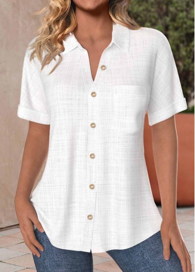 ROTITA Pocket Button Up White Short Sleeve Shirt