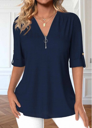 ROTITA Zipper Navy V Neck 3/4 Sleeve Blouse