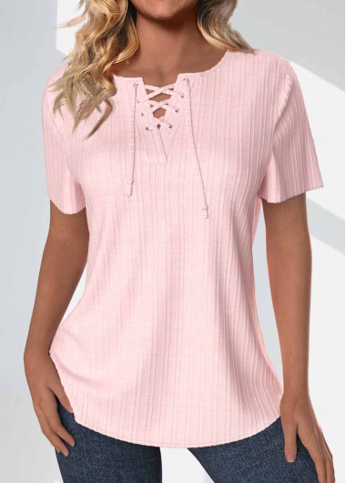 ROTITA Lace Up Light Pink Short Sleeve Blouse