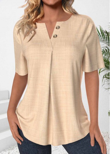 ROTITA Button Light Camel Split Neck Short Sleeve Blouse