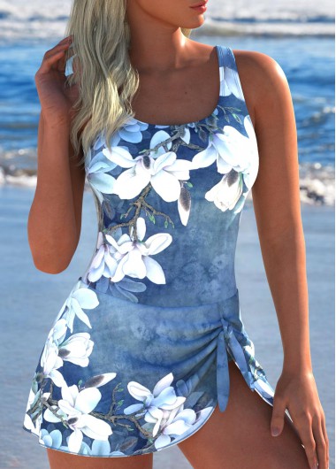 ROTITA Tie Denim Blue Floral Print One Piece Swimdress
