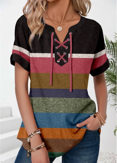 ROTITA Patchwork Multi Color Split Neck Short Sleeve T Shirt