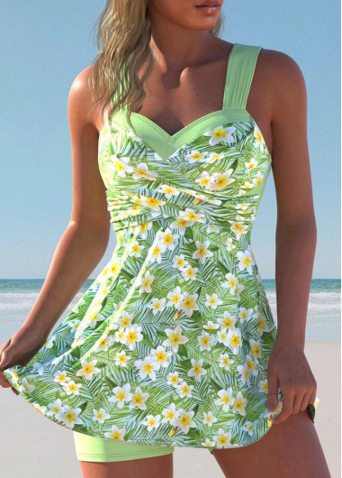 ROTITA Surplice Light Green Floral Print Swimdress and Shorts