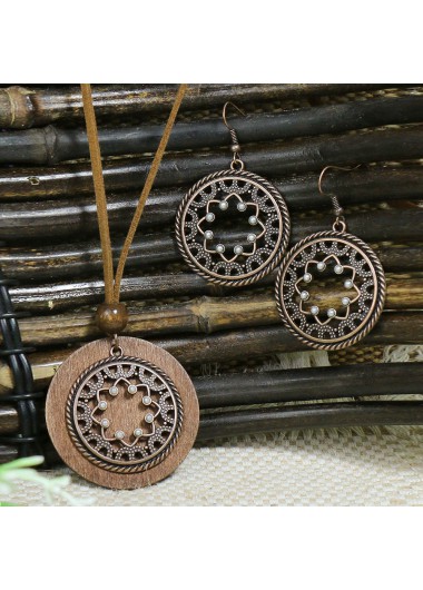 Round Hollow Dark Coffee Alloy Earrings and Necklace